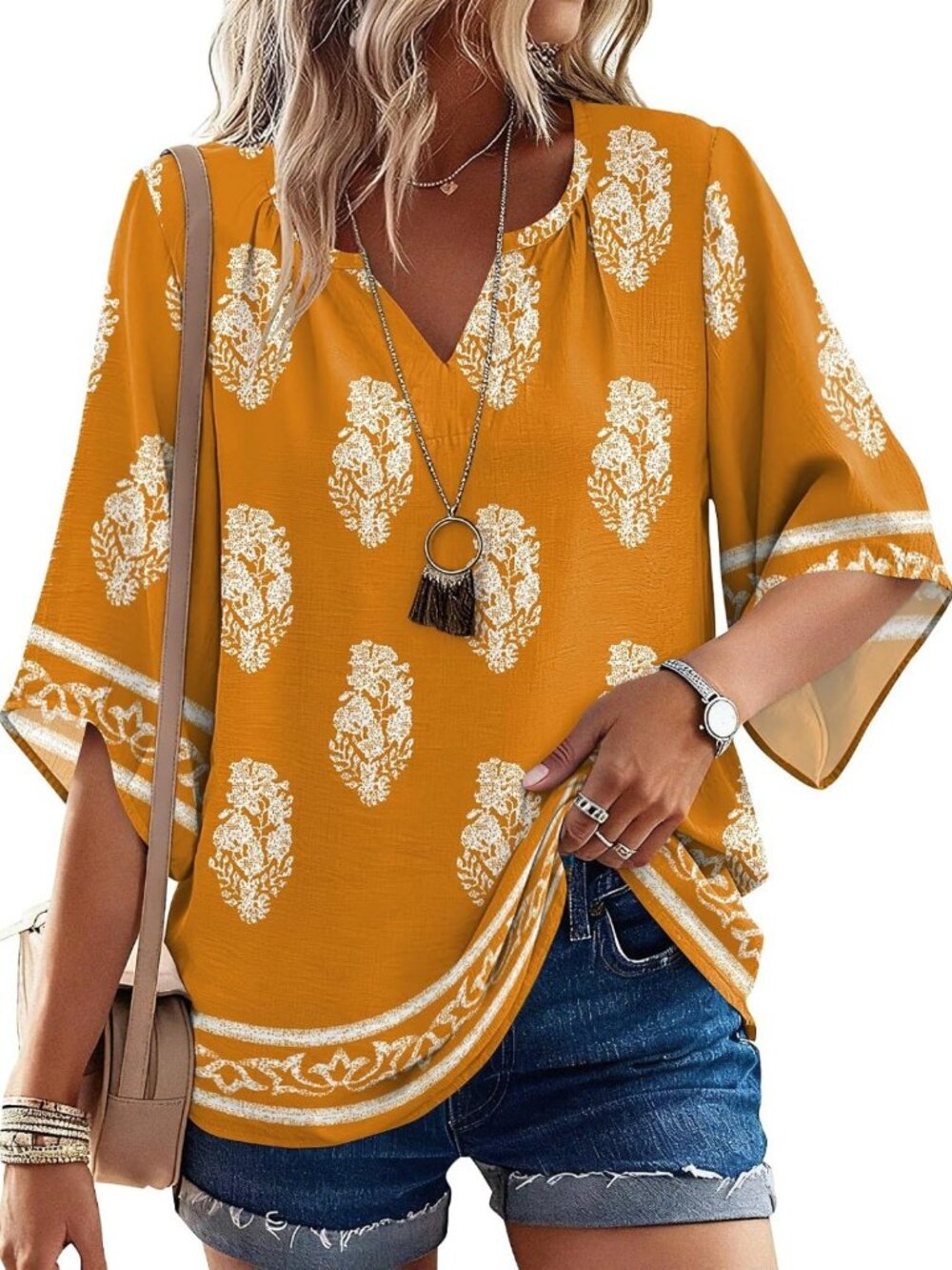 Boho V Neck 3/4 Sleeve Tunic Top - Casual Loose Fit Vacation Shirt S-3XL